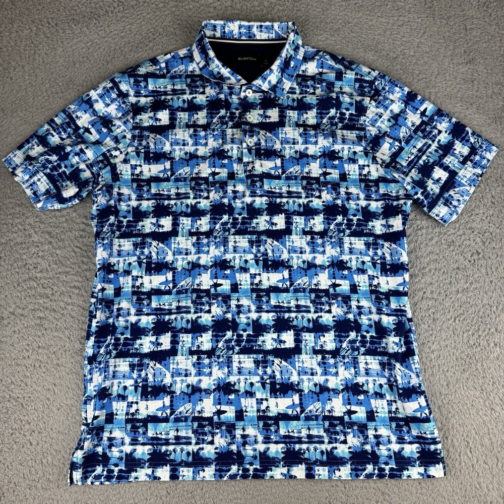 Bugatchi Men's Mens Polo Size Large‎ All Over Surfer Beach Palm tree  Aop Hike